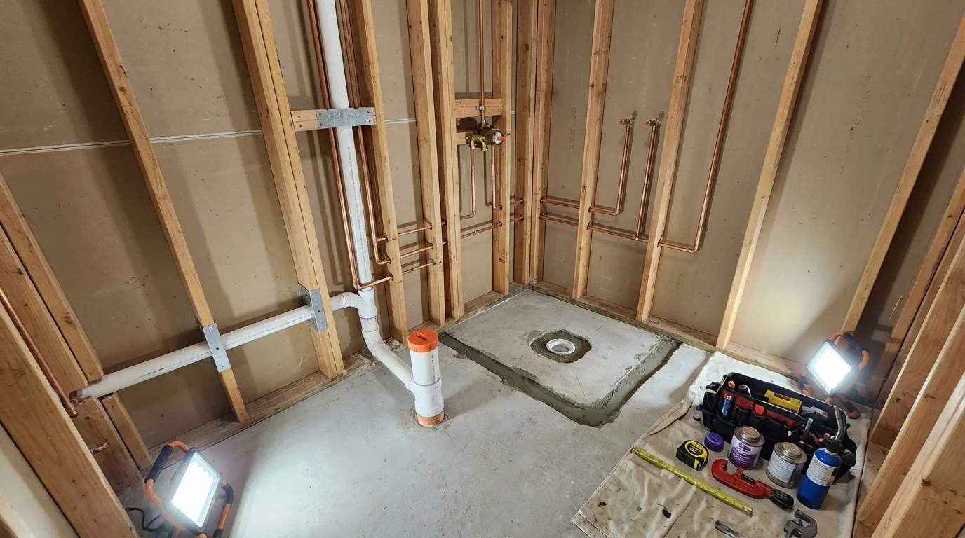 Bathroom rough-in plumbing during remodel by Johns Plumbing LLC in Mount Ephraim
