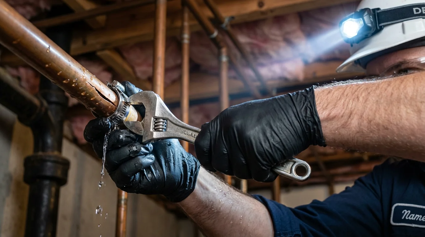 Emergency pipe clamp repair being performed by a Johns Plumbing LLC plumber in Mount Ephraim