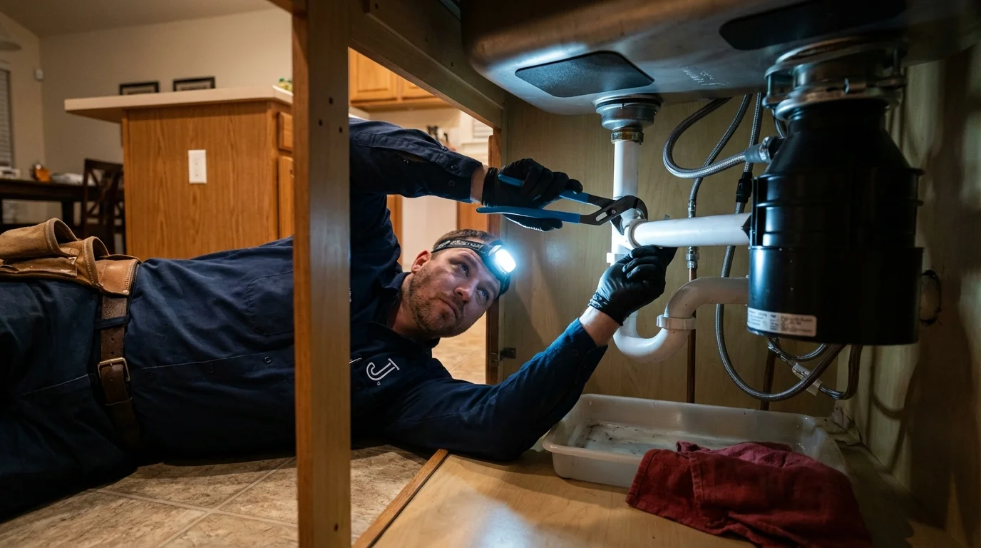P-trap and supply line connections under a kitchen sink showing a common leak point in Mount Ephraim, NJ